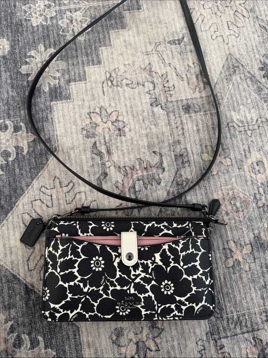 Coach Handbags - Coach Black and White Floral Crossbody with Pink Accent